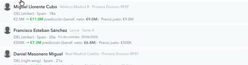Lista de alternativas desplegadas para un fichaje recomendado